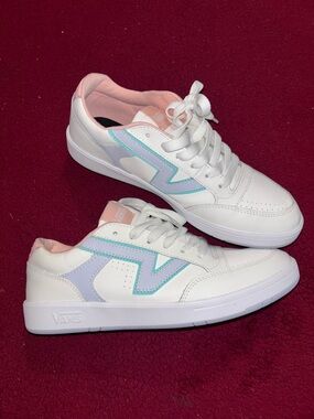Vans Women’s White Sneakers with Pastel Pink & Mint Accents